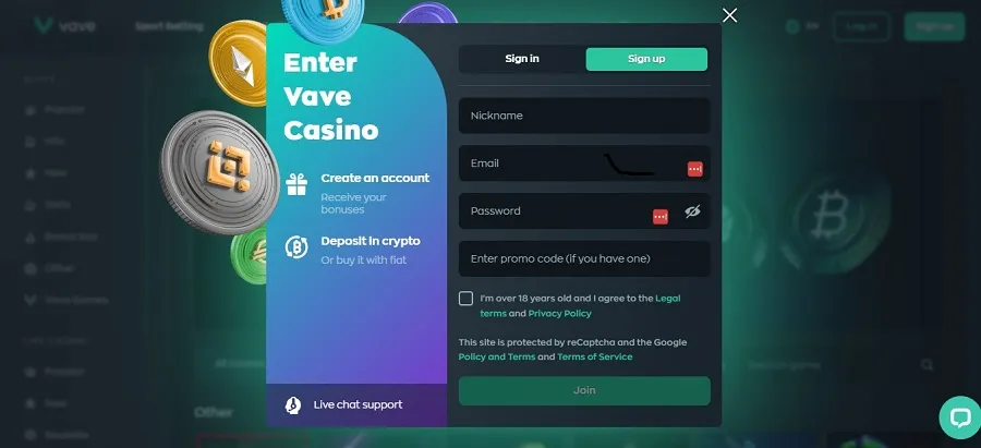 vave casino sign up
