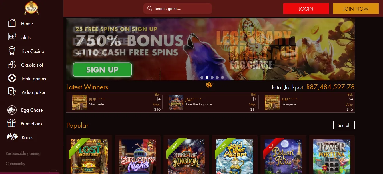 Thebes Casino Landing Page