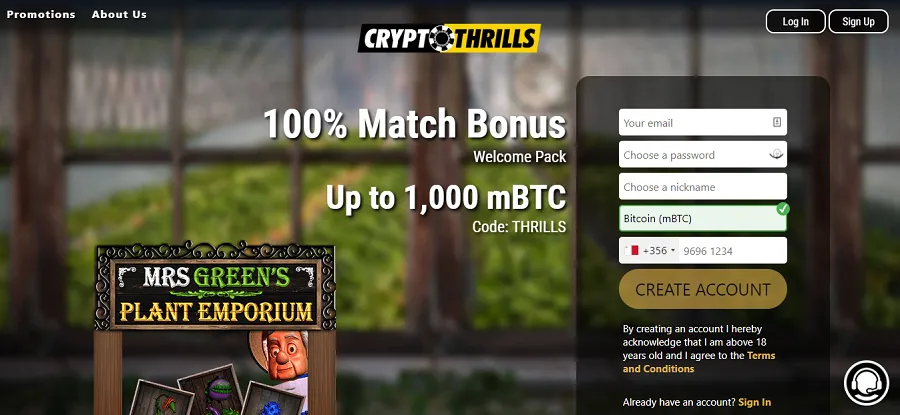 Crypto Trills Casino Landing Page