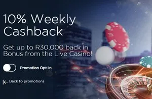 10% Weekly Cashback up to R30,000 at Casino Cruise Live Casino