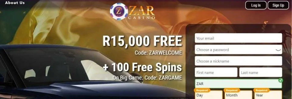 Zar Casino sign up form