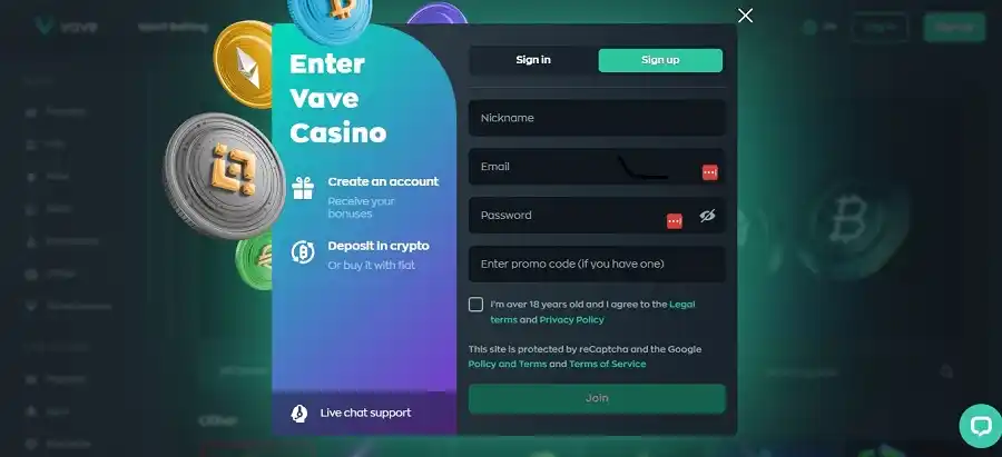 vave casino sign up