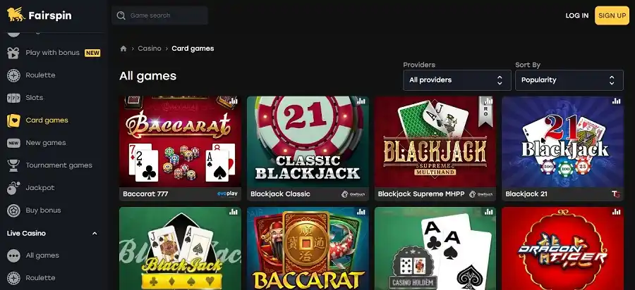 Fairspin Casino card games