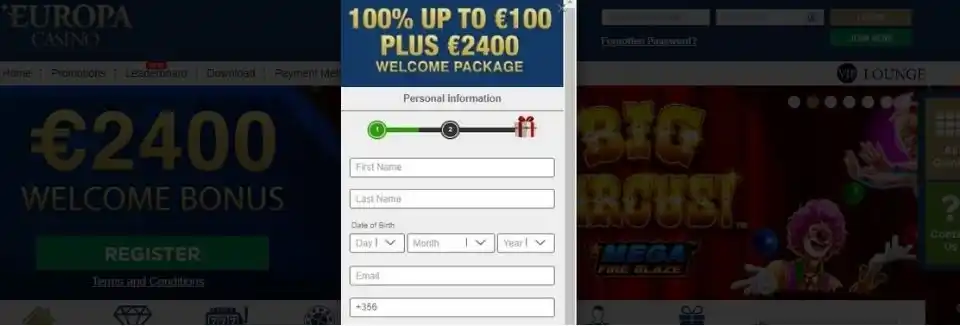 Europa Casino sign up screen with empty fields