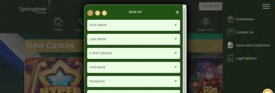 Springbok Casino Sign Up Screen