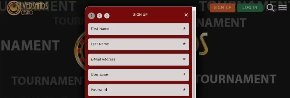 Silver Sands Casino Sign Up Screen